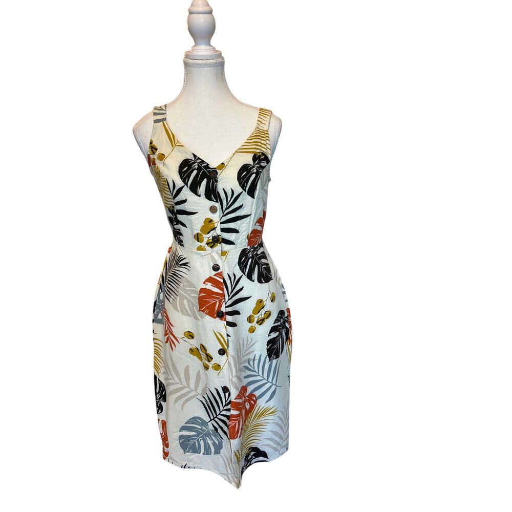 Monteau | Cream Linen Blend Floral A Line V Neck Button Front Dress | XS